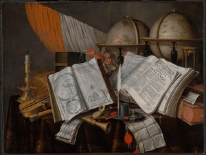 旗、燭台、楽器、本、筆記用具のあるヴァニタスの静物画... 作： Edwaert Collier