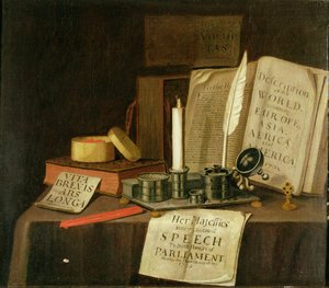 ピューターインクスタンド付きのトロンプL "オイル、本と紙、1702 作： Edwaert Colyer or Collier