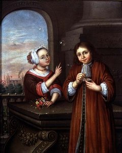 建築環境でシャボン玉を吹く少年を指して女の子 作： Edwaert Colyer or Collier
