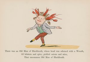 ブラックヒースの老人がいて、その頭は花輪で飾られていた（カラー版画） 作： Edward (after) Lear