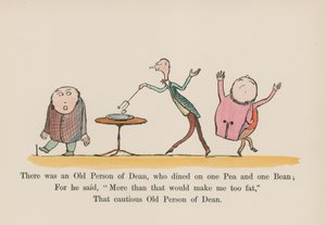 ディーンのある老人が、一粒のエンドウ豆と一粒の豆で食事をしていた（カラー版画） 作： Edward (after) Lear