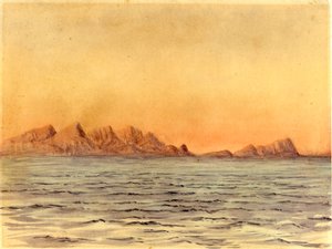 南アフリカ、サイモンズ湾の日没（紙にトイレ） 作： Edward Adrian Wilson