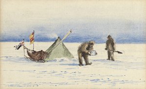 1902年2月、ホワイトアイランドへのそりパーティー：シャクルトンとウィルソンがキャンプを作る、1902 作： Edward Adrian Wilson
