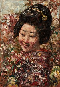 日本の女の子（パネルに油彩） 作： Edward Atkinson Hornel