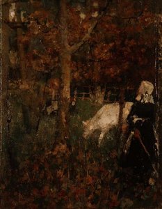 少女のいる牧歌的な風景 作： Edward Atkinson Hornel