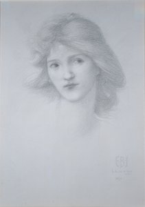 女性の頭：「愛の車」のための研究、1895年（鉛筆） 作： Edward Burne Jones