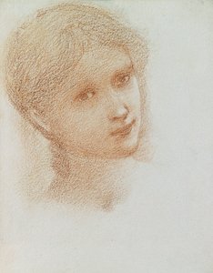 少女の頭研究、1865年頃-6（紙に赤いチョーク） 作： Edward Burne Jones