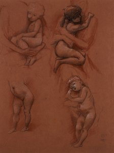母親の腕の中の子供たちの研究、1887年（赤い紙に黒、赤、白のチョーク） 作： Edward Burne Jones