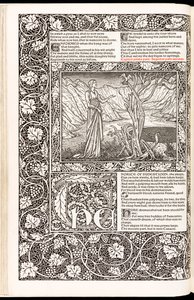 The Works of Geoffrey Chaucer Now Newly Imprinted」Geoffrey Chaucer著、1896年Kelmscott Press発行（木版）。 作： Edward Burne Jones