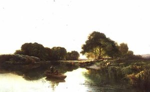 釣り人のいる川の風景 作： Edward Charles Williams