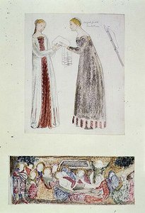 No.1084-f.10 (TtoB) フィレンツェ、リヌッチーニ礼拝堂のジョヴァンニ・ダ・ミラノ作「マリアの誕生」からの複製品「二人の乙女」、「嘆き」（水彩、鉛筆）