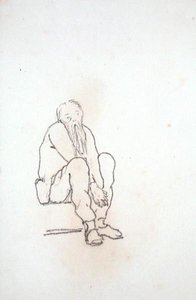 両手を膝の間に置いて座っているアーティストの自画像（アルバムのドローイングより）（紙に鉛筆 作： Edward Coley Burne Jones
