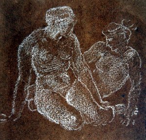2人の座った女性ヌードの習作（紙に白チョーク） 作： Edward Coley Burne Jones