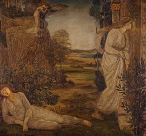 キューピッドとプシュケ-パレスグリーンの壁画-山にプシュケを抱えたゼフィルス、1881 作： Edward Burne Jones