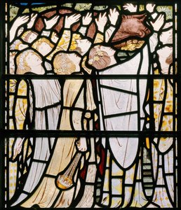 エリヤとバールの司祭、詳細、1863年（ステンドグラス） 作： Edward Burne Jones