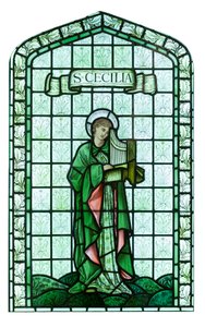聖セシリア、1897年頃、エドワード・バーン・ジョーンズ（ステンド、ペイント、鉛ガラス） 作： Edward Coley Burne Jones
