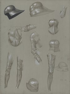 鎧のスーツの研究、1875年（紙にグラファイト、ウォッシュ、トイレ、ボディカラー） 作： Edward Burne Jones