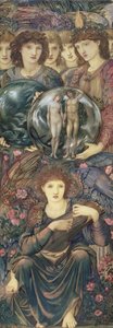 作成の日：1870-76年の第6日（リネンで覆われたパネルのトイレ、ガッシュ、シェルゴールド、プランティナムペイント） 作： Edward Burne Jones