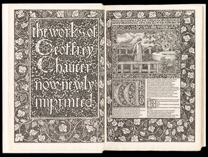 The Works of Geoffrey Chaucer Now Newly Imprinted」Geoffrey Chaucer著、1896年Kelmscott Press発行（木版）。 作： Edward Burne Jones