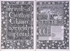 「ジェフリーチョーサーの作品」のケルムスコットプレス版のタイトルページとオープニングページ、1896 作： Edward Burne Jones