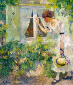 窓越しに見る若い女性 作： Edward Cucuel