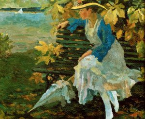 湖畔の公園のベンチに座る女性 作： Edward Cucuel