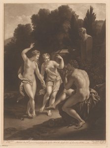 踊る 2 人のニンフの前でフルートを演奏する男性 作： Edward Fisher