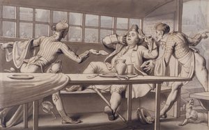 アクスブリッジパッセージボートのジョンギルピン（青と茶色のウォッシュが施されたペン） 作： Edward Francis Burney