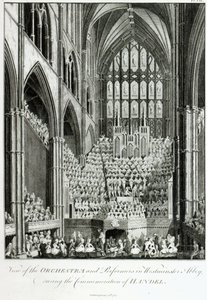 1785年にチャールズバーニーによって出版されたヘンデル記念の時のウェストミンスター寺院のオーケストラとパフォーマーのビュー 作： Edward Francis Burney