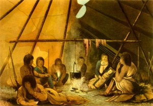 「クリー インディアン テントの内部」、1820 年、1946 年。 作： Edward Francis Finden