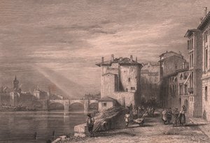 イタリア、ヴェネト州、アディジェ川沿いのヴェローナの眺め、オーガスタス・ウォール・カルコット（1779-1844）のデッサンに基づくエドワード・フランシス・フィンデン（1791-1857）のスチール・エングレーヴィング、約12x10cm