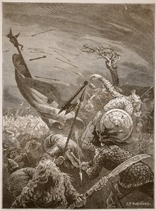 ヘイスティングスの戦いでのハロルドの死、「カッセルの図解されたイングランドの歴史」（セピア写真）のイラスト 作： Edward Frederick Brewtnall