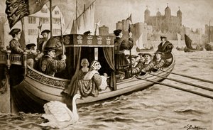 塔に運ばれるキャサリン・ハワード（「ハッチンソンの英国国家物語」より）、1923年頃（リトグラフ）。 作： Edward Frederick Skinner