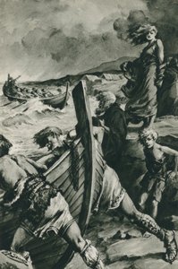 ノルウェーのフィヨルドから出航し、コロンブスよりもずっと前にアメリカを発見したヴァイキング（リトグラフ） 作： Edward Frederick Skinner
