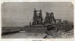 スエズ運河の浚渫船（グルネ作、1862年にポール・メルローが行ったスエズ運河への小旅行を描いたもの）。エドゥアール・シャルトン編『Le tour du monde』に掲載された図版