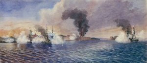 クリミア戦争（1853-1856）中の1854年8月、ボマルスンド（フィンランド）の爆撃。エドワード・ホッジス・クリー（1814-1901）の水彩画。