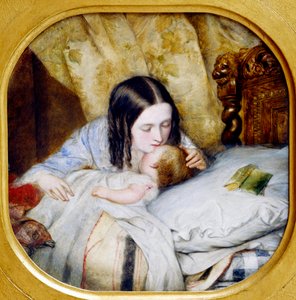 夜のキス。 眠りについたばかりの赤ちゃんにキスをする母親。 Edward Hugues (1832 - 1908) による絵画、20 世紀。 リヨン美術館、美術館 作： Edward Hughes