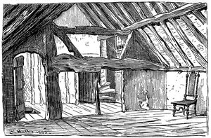 シェイクスピアの生家、ストラットフォードアポンエイボン、1885年の上層階。 作： Edward Hull