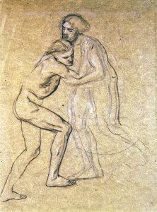 The Prodigals Return、1869年に抱き合う2人のヌード男性の研究（紙にチョークで書く） 作： エドワード・ジョン・ポインター