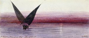 マンファルート（エジプト）のナイル川のエジプト船。カラー水彩画 作： Edward Lear