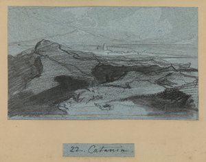 カターニア、シチリア島の景色（青い紙にチョークとガッシュ） 作： Edward Lear