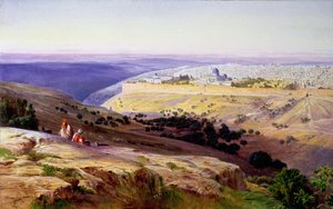 オリーブ山からのエルサレム、サンライズ、1859年（油） 作： Edward Lear