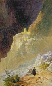 アトス山、セントポール修道院、1858年 作： Edward Lear