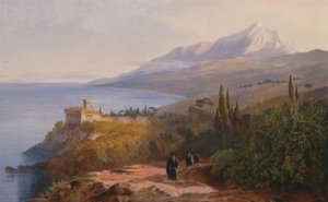 アトス山とスタヴロニケテス修道院、1857年。 作： Edward Lear