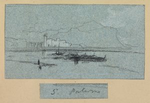 パレルモ、シチリア島の景色（青い紙にチョークとガッシュ） 作： Edward Lear