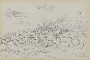 ソレント、1838年8月2日（灰色の網目紙にグラファイト） 作： Edward Lear