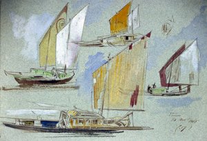 満帆のヴェネチアン・ボートの習作。エドワード・リア（1812-1888）による水彩画。 作： Edward Lear