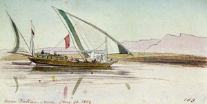 バラス（エジプト）近郊のナイル川に浮かぶジャッシ（エジプト船）の習作。水彩画 作： Edward Lear