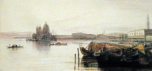 ヴェネツィア、サンタ・マリア・デッラ・サルーテ教会（水彩・紙） 作： Edward Lear