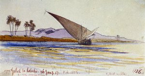 ナイル河岸（エジプト）。椰子の木とギャシが河岸に面している。水彩画 作： Edward Lear